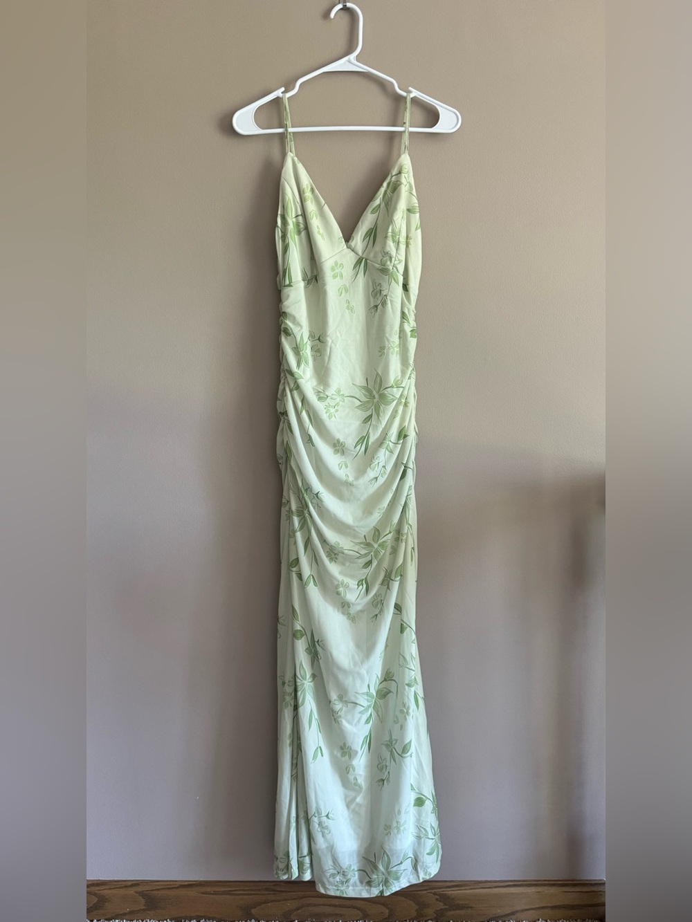 NWT GLNEGE Light Green Floral Slip Long Maxi Dress with Spaghetti Straps,Size XL